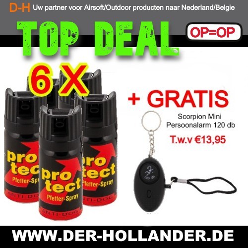 6 x Protect Peperspray + Gratis "Persoonsalarm 120 DB" T.w.v €13,95